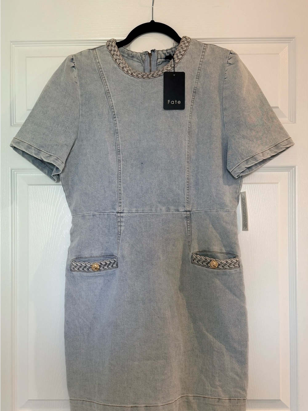 Fate Light Wash Denim Short-Sleeve Dress with Braided Trim